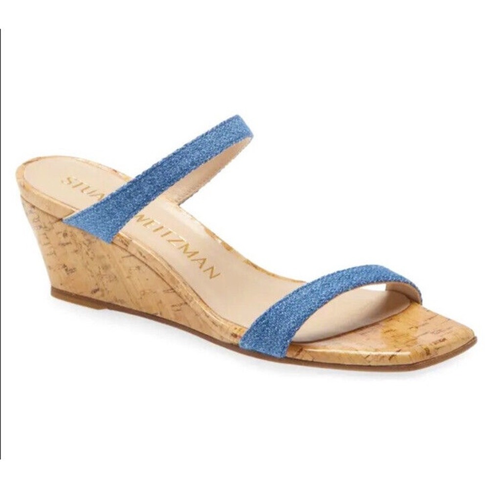 Stuart Weitzman Wedge Sandal Square Toe‎ Heel Washed Blue Women's Size 5.5 New - Picture 12 of 12